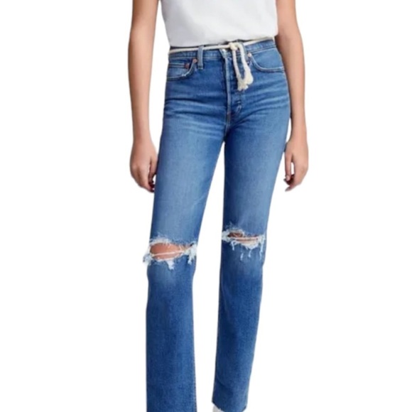 ReDone Comfort Stretch High Rise Button Fly Distressed Stove Pipe Jeans Women 31 - Picture 2 of 15